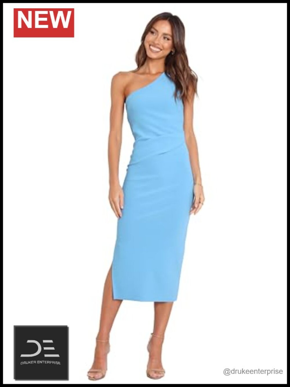 One-Shoulder Midi Dress with Slit & Gathered Waist
